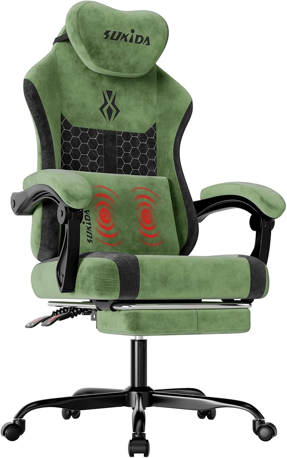 Video Gaming & Esports Usd Acc - ファブリック製のビデオゲーム用チェア。人間工学に基づいた高背もたれのコンピューターゲーム用チェアで、広いマッサージ機能付きの調整可能なランバーサポート、ヘッドレスト、連結式のアームレストを備え、長時間の作業に適しています。色はグリーン。